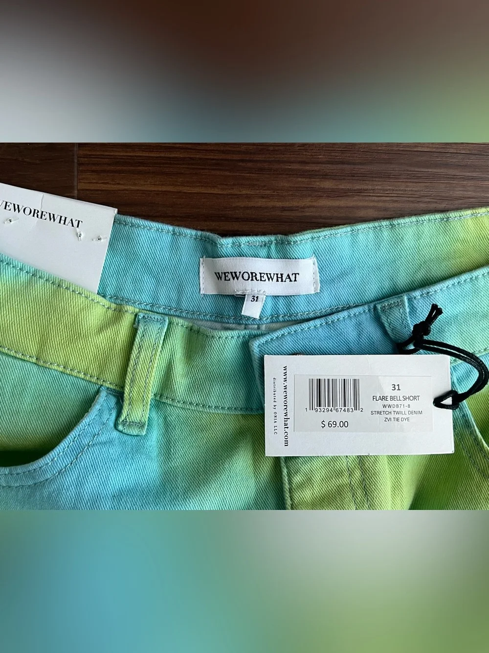 New WeWoreWhat Bell Flare Denim Shorts Tyedye Cutoff size 31